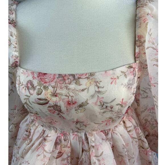 Selkie Cottagecore Fairy Puff Sleeve Bubble Pink Floral Dress Mini Small - Picture 3 of 10